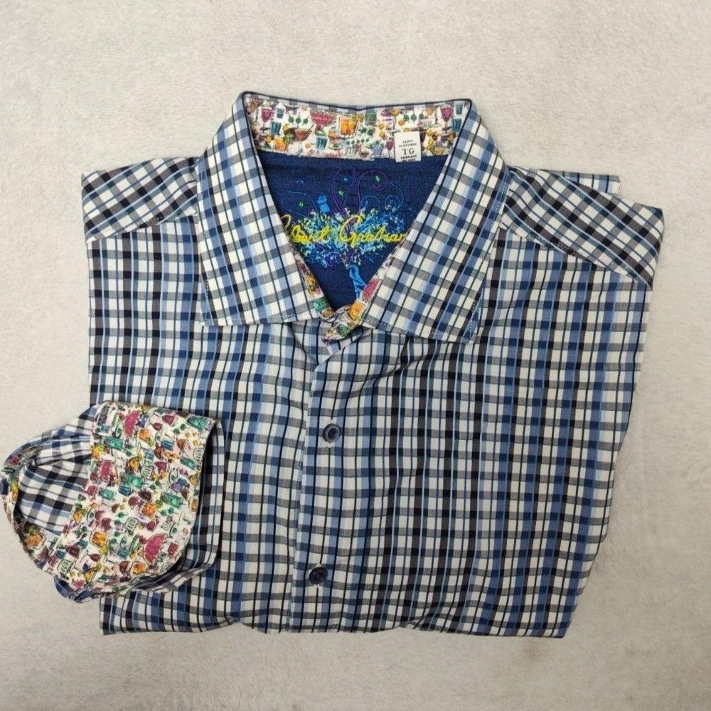 Robert Graham Shirt Mens XL Blue Plaid Button-Up Classic Drinks Contrasting Trim